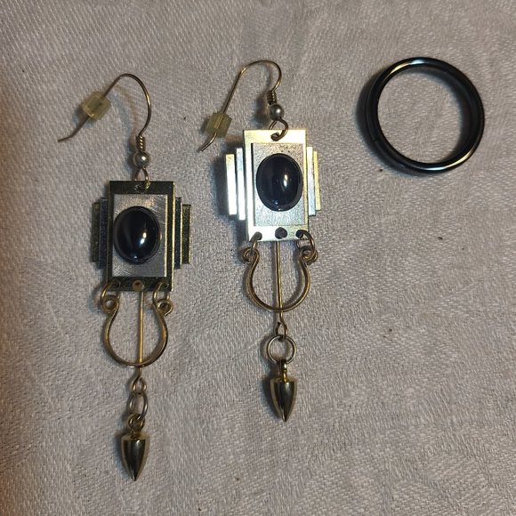 Artist Couture Jewelry - Gold-tone silver-tone hematite earrings for pierced ears and hematite ring
